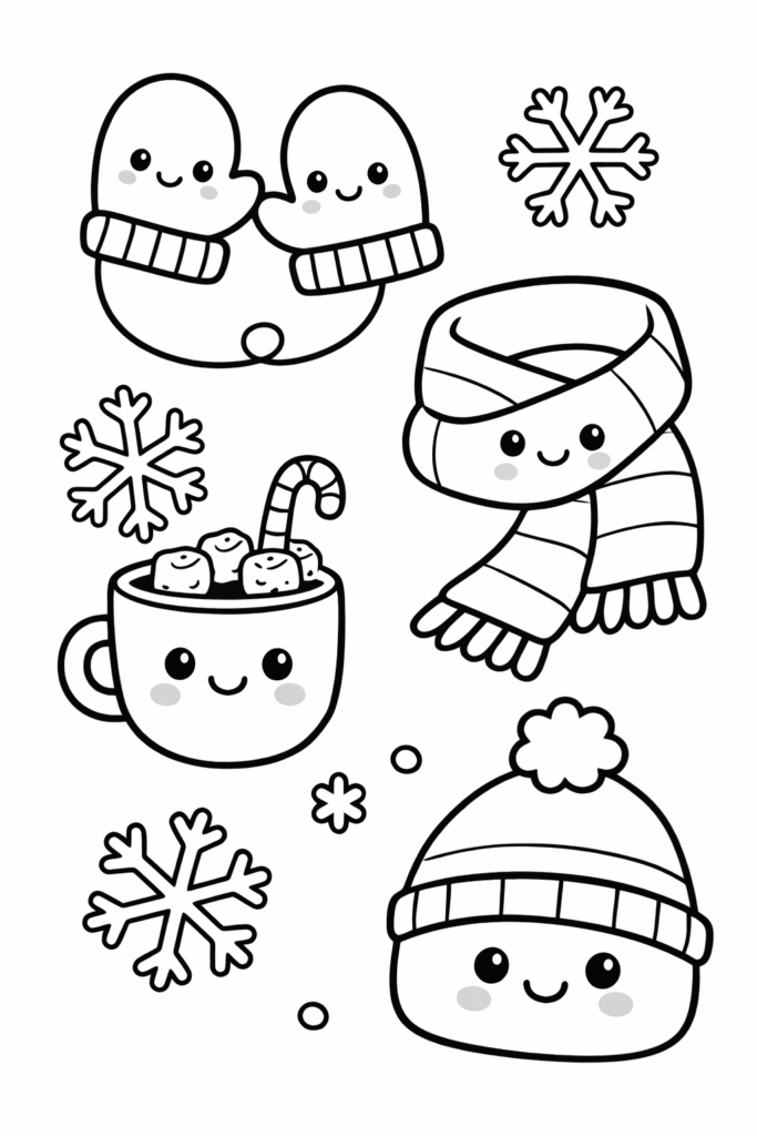 kawaii winter items coloring pages free printable