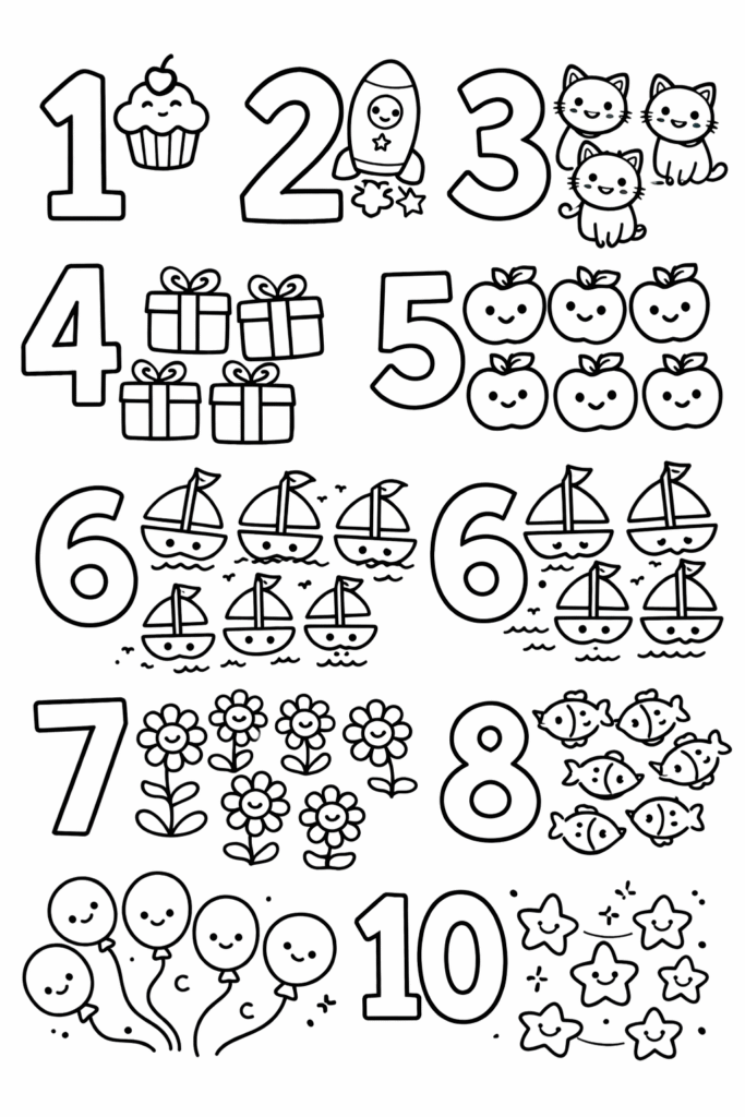 5 counting (1–10) coloring pages free printable