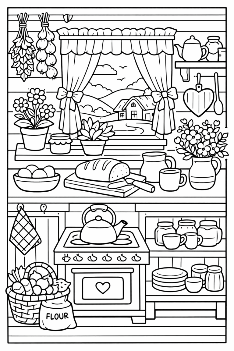cottagecore kitchen scene coloring pages