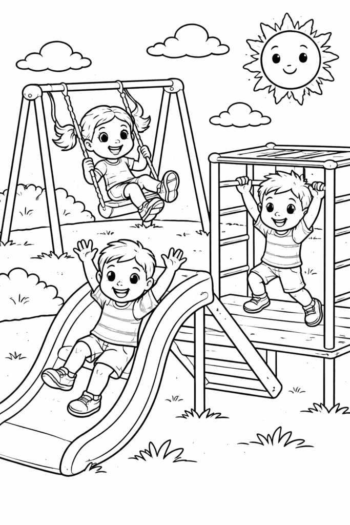 5 Kids playing scene coloring pages free printable