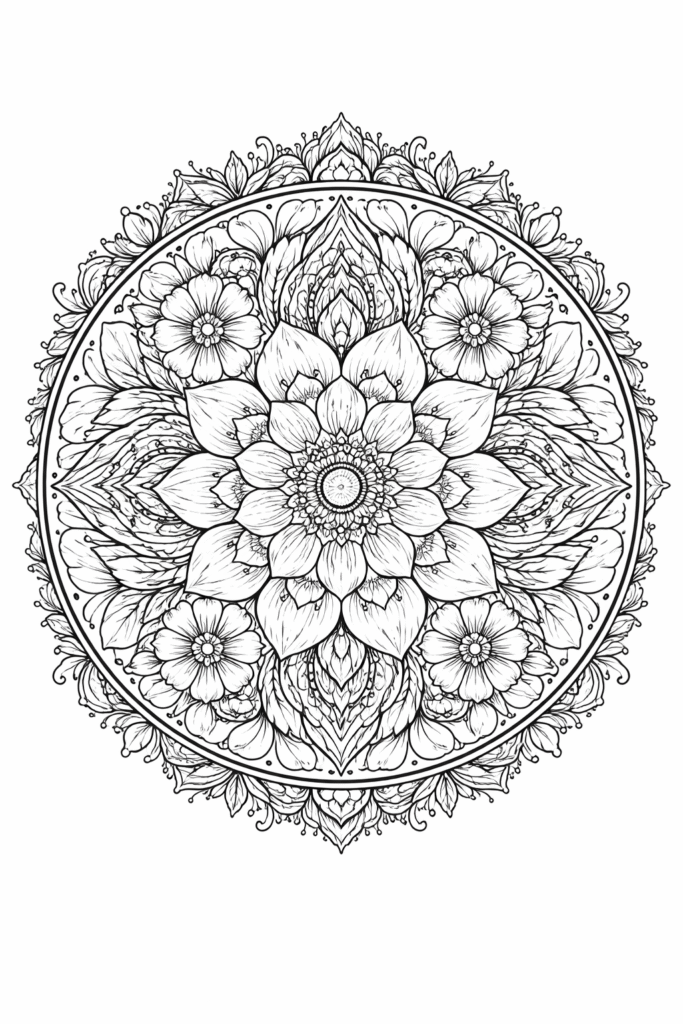 5 circular flower mandala, stress-relief coloring page free printable