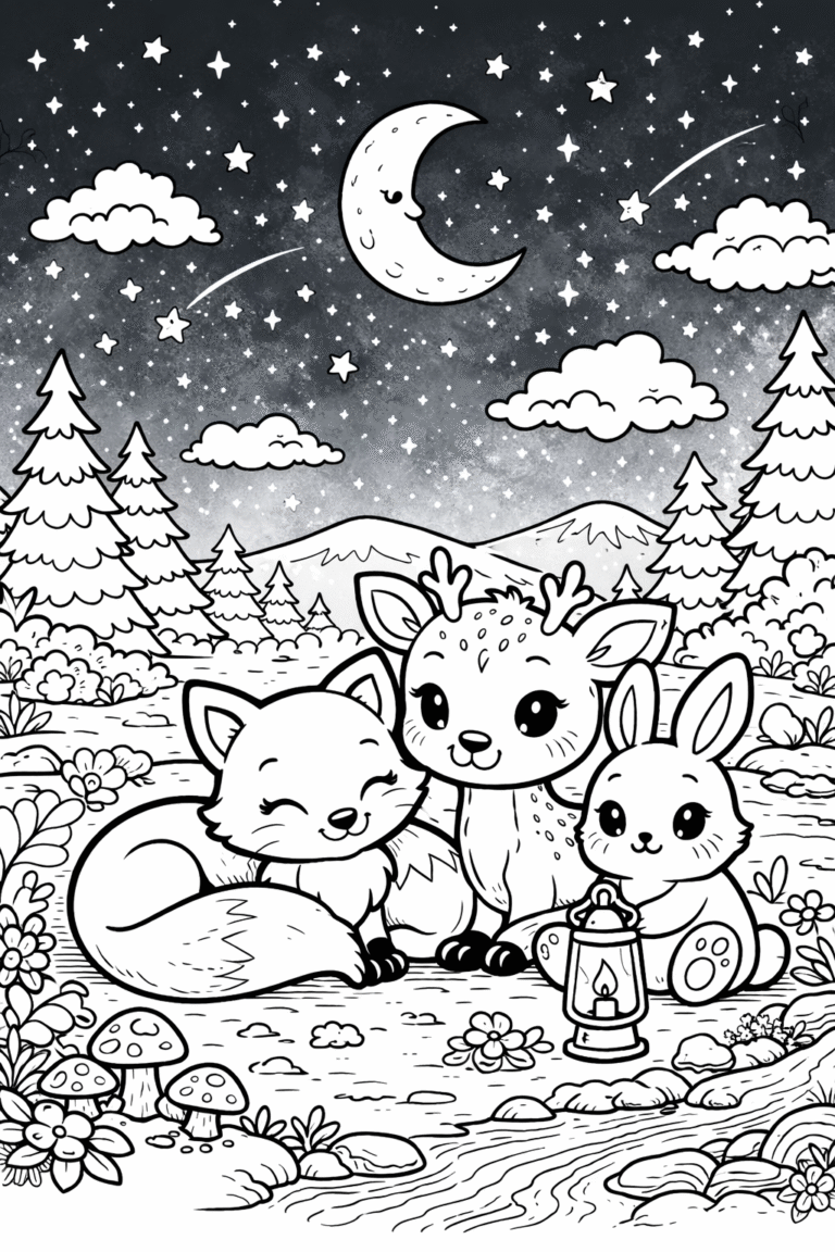 5 forest animals coloring pages night scene free printable
