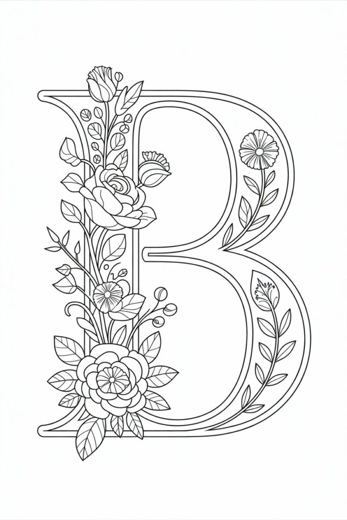 floral letter B coloring pages free printable