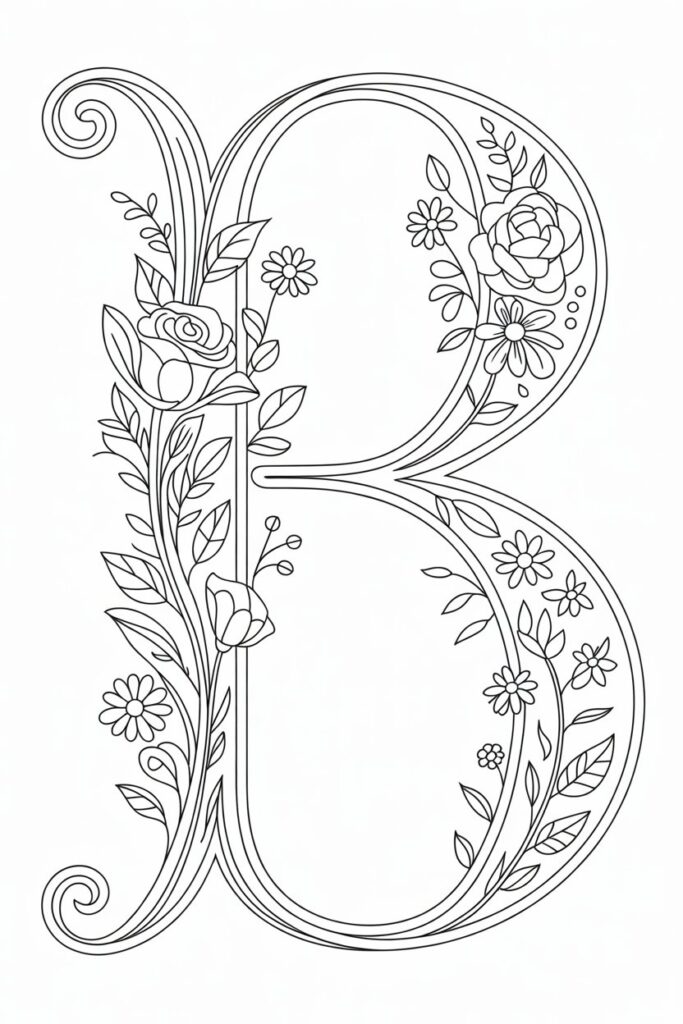 floral letter B coloring pages free printable