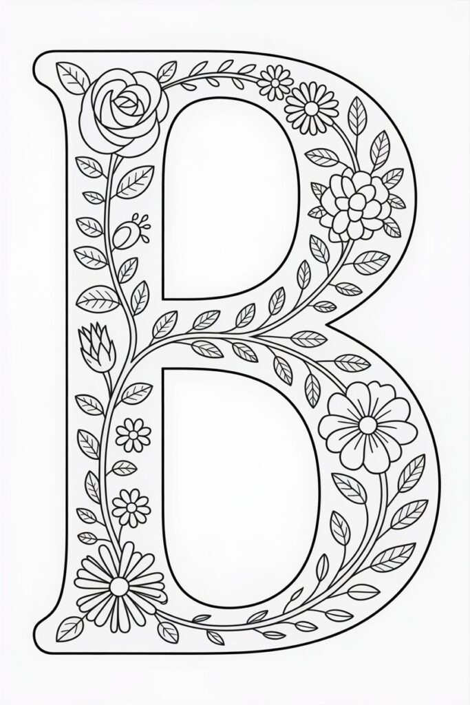 floral letter B coloring pages free printable