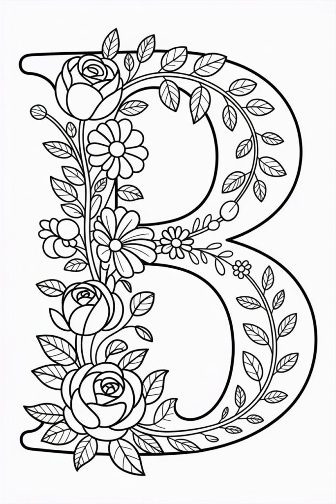 floral letter B coloring pages free printable