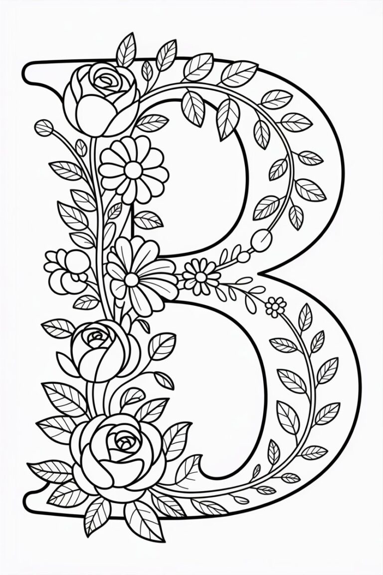 floral letter B coloring pages free printable