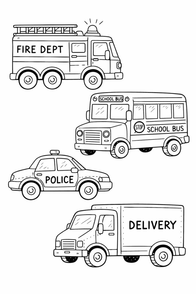 5 Vehicles coloring pages free printable