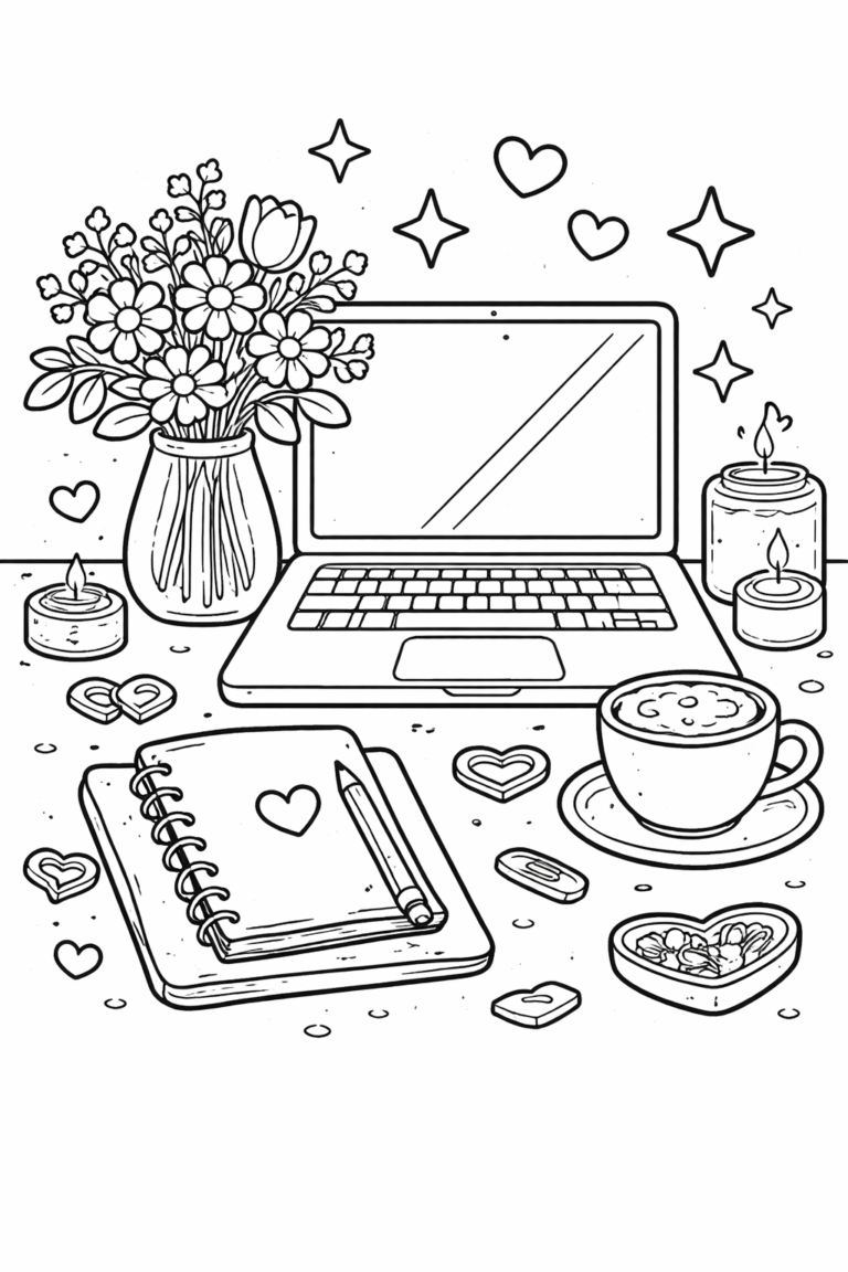 aesthetic desk setup coloring pages free printable