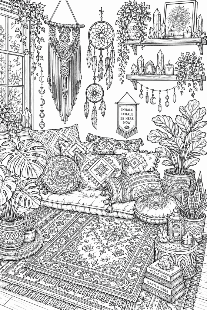 Boho style room coloring pages free printable