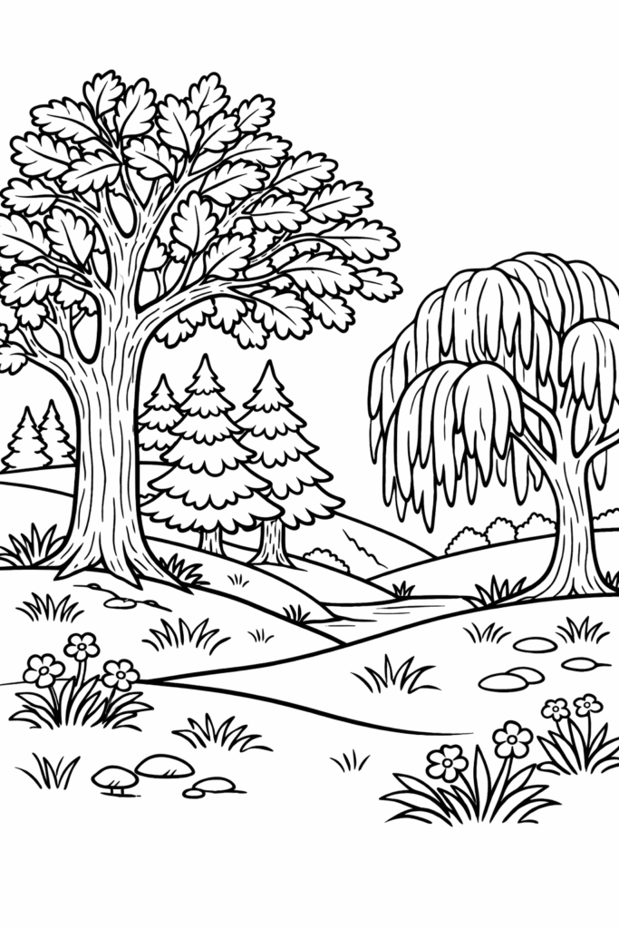 5 Trees coloring pages free printable