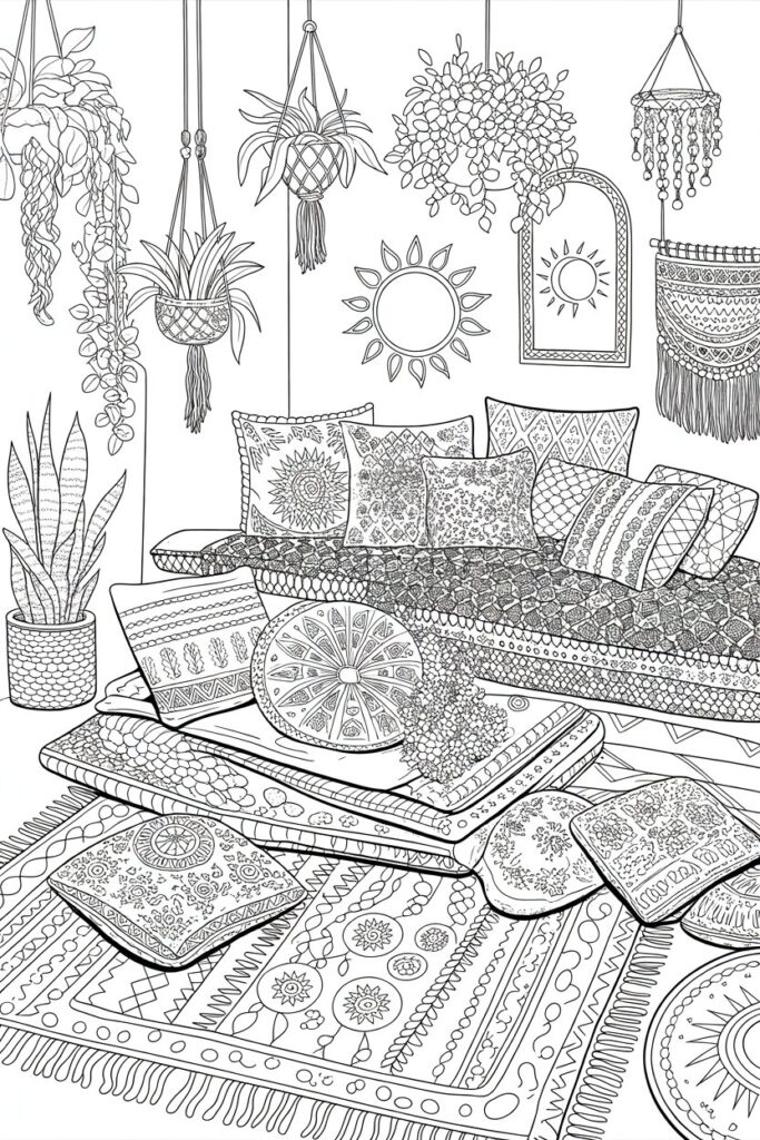 Boho style room coloring pages free printable