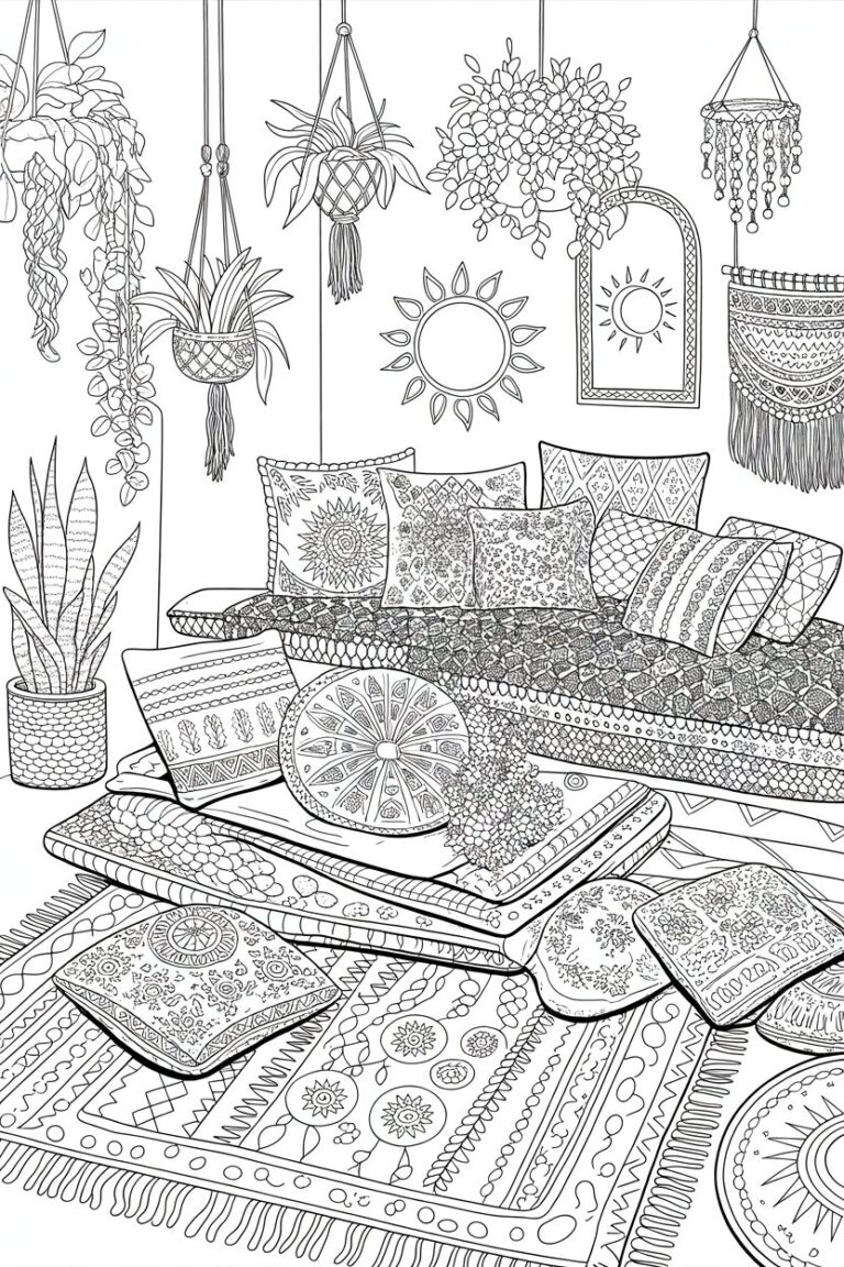 Boho style room coloring pages free printable