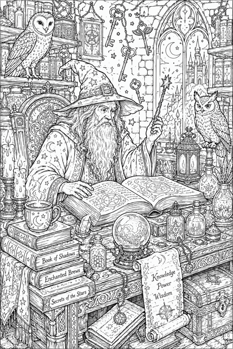 magical wizard study coloring pages