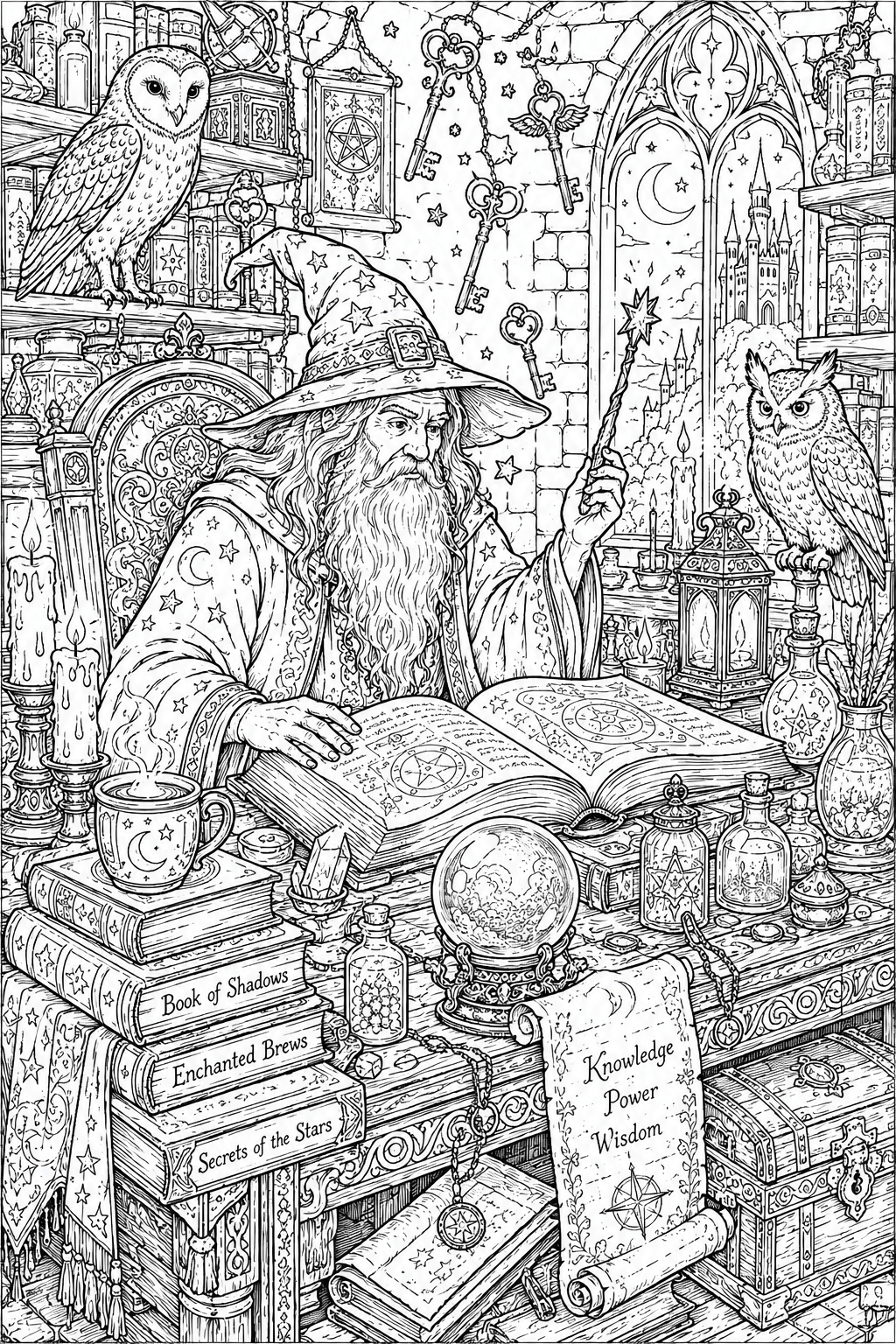 magical wizard study coloring pages