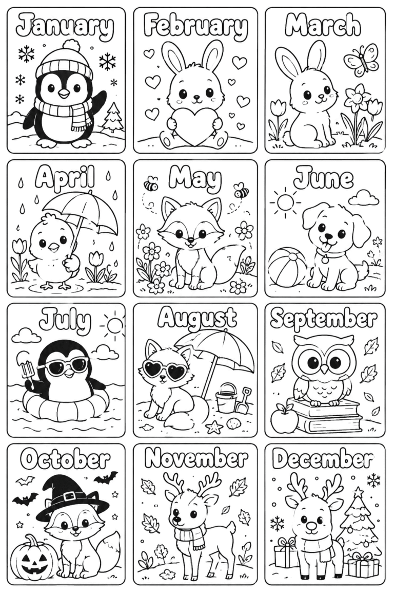 Cute Animal Month Name Coloring Pages Free Printable