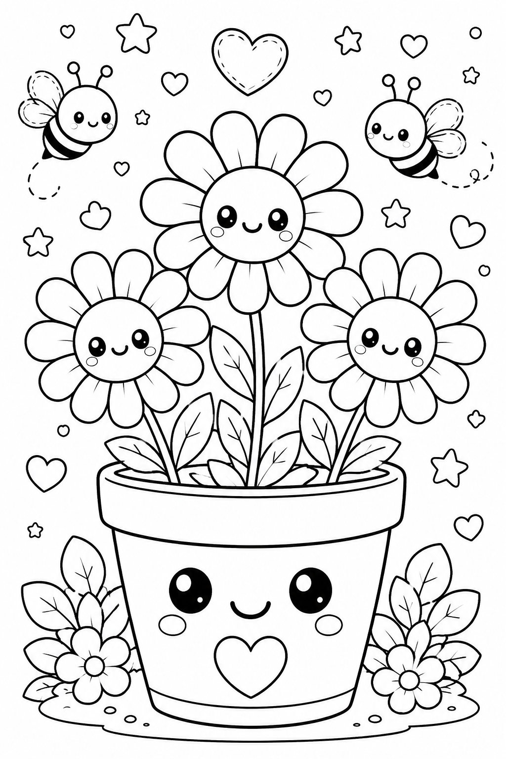 cute kawaii flowers pot coloring pages free printable
