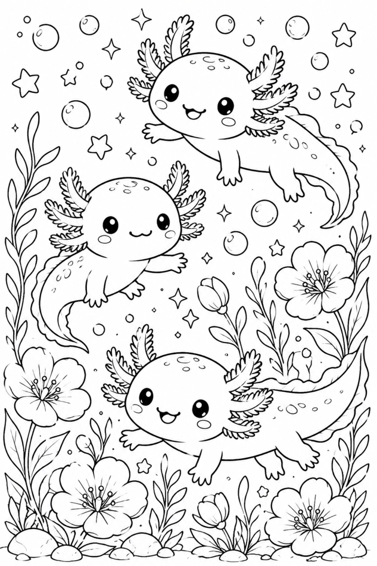 Kawaii axolotls coloring pages free printable