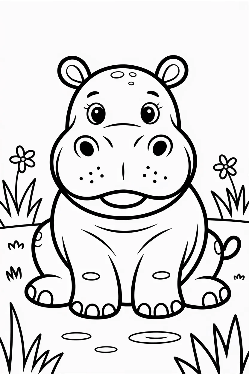 Hippo Design 3 - Hippo coloring pages free printable for Kids - Cute Pack