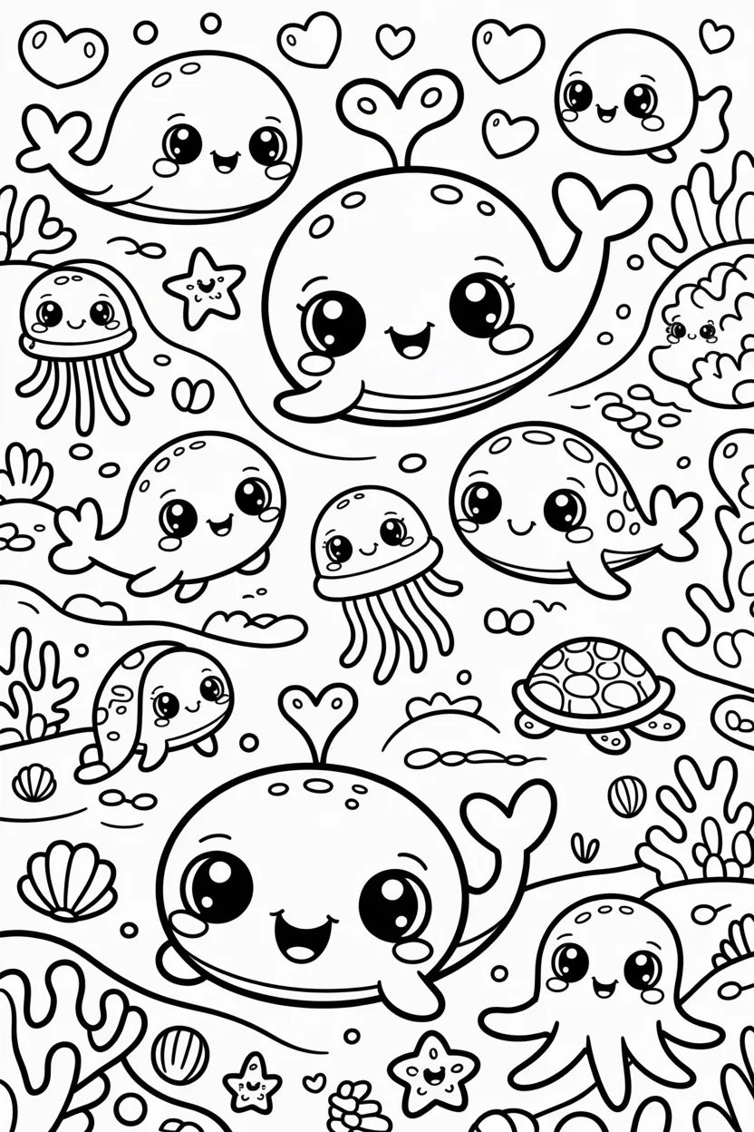Adorable ocean creatures Design 1 - Adorable Ocean Creatures Coloring Pages Free Printable