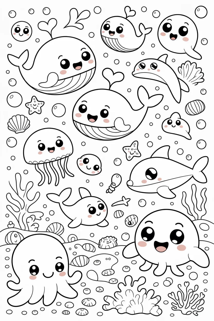 Adorable ocean creatures Design 2 - Adorable Ocean Creatures Coloring Pages Free Printable