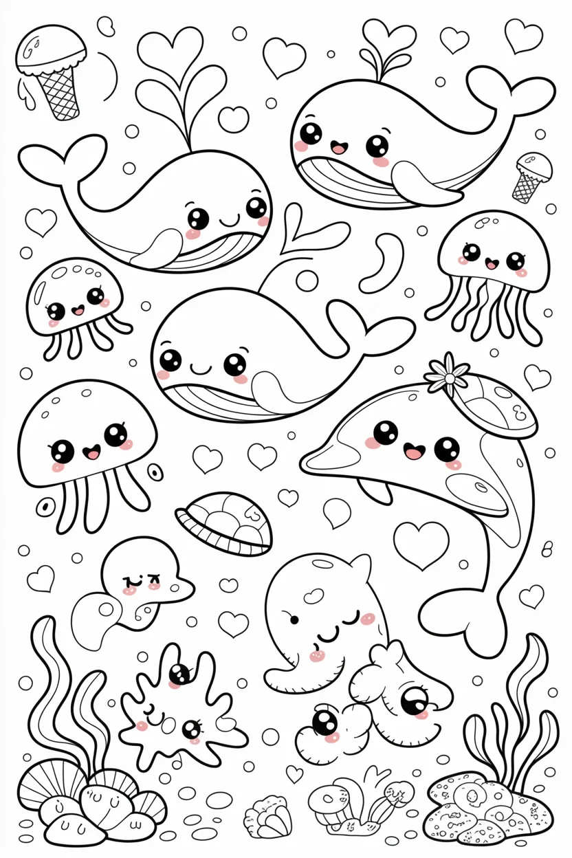 Adorable ocean creatures Design 3 - Adorable Ocean Creatures Coloring Pages Free Printable