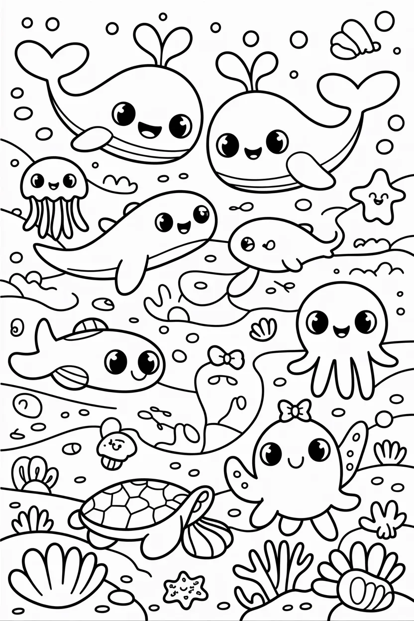 Adorable ocean creatures Design 4 - Adorable Ocean Creatures Coloring Pages Free Printable