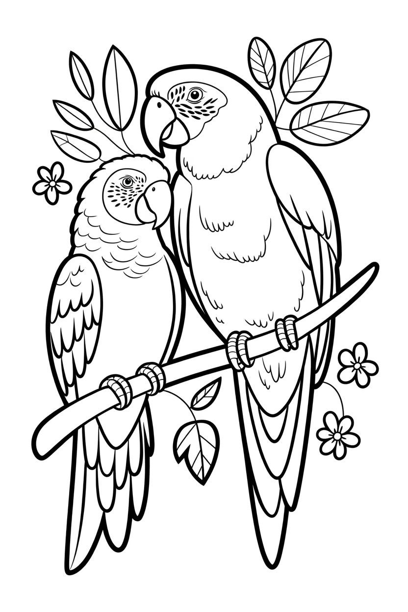 Parrots Design 1 - Parrots Coloring Pages Free Printable - Cute Tropical Pack
