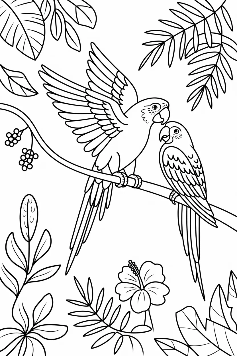 Parrots Design 3 - Parrots Coloring Pages Free Printable - Cute Tropical Pack