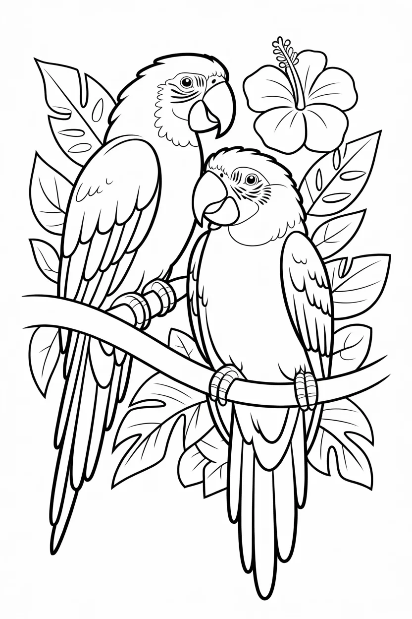 Parrots Design 4 - Parrots Coloring Pages Free Printable - Cute Tropical Pack