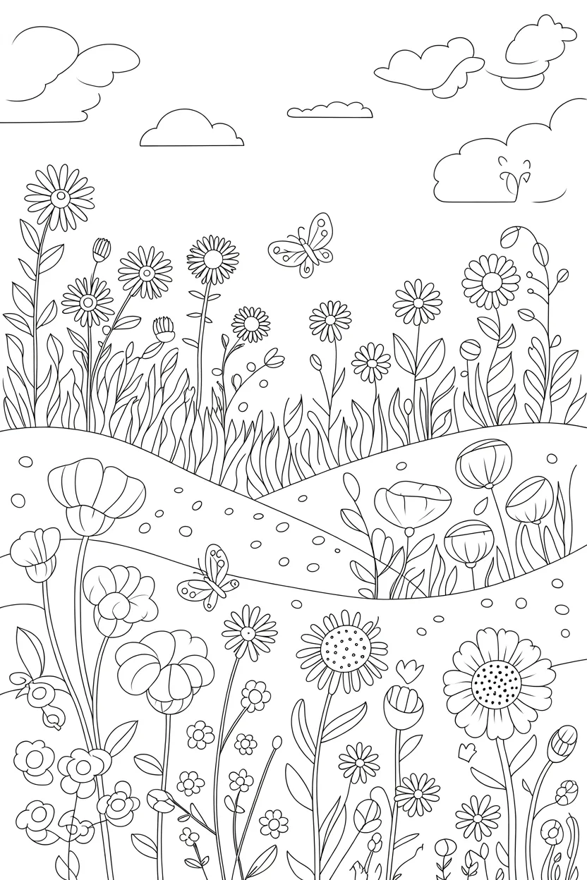 Wildflower meadow Design 1 - Wildflower meadow coloring pages free printable - Floral