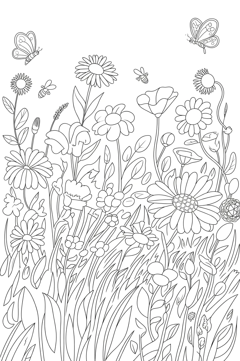 Wildflower meadow Design 3 - Wildflower meadow coloring pages free printable - Floral