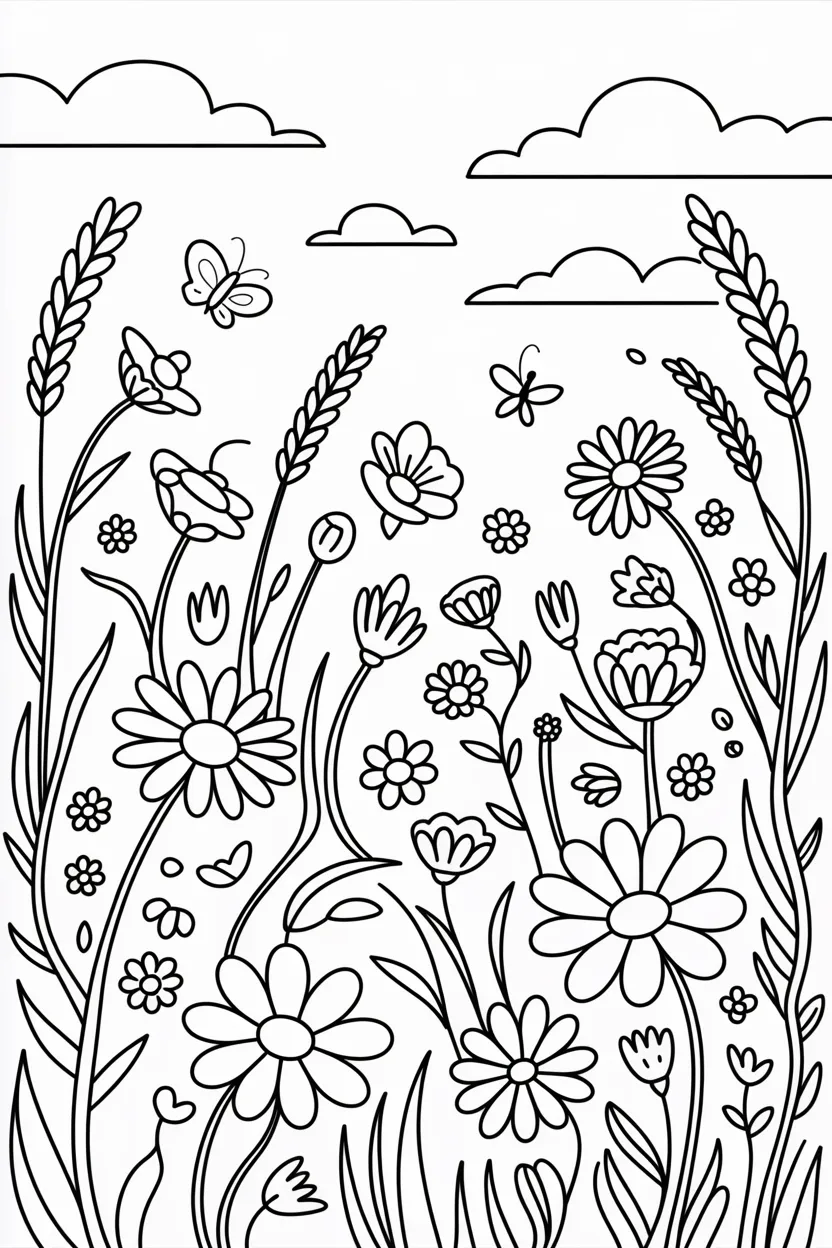 Wildflower meadow Design 4 - Wildflower meadow coloring pages free printable - Floral