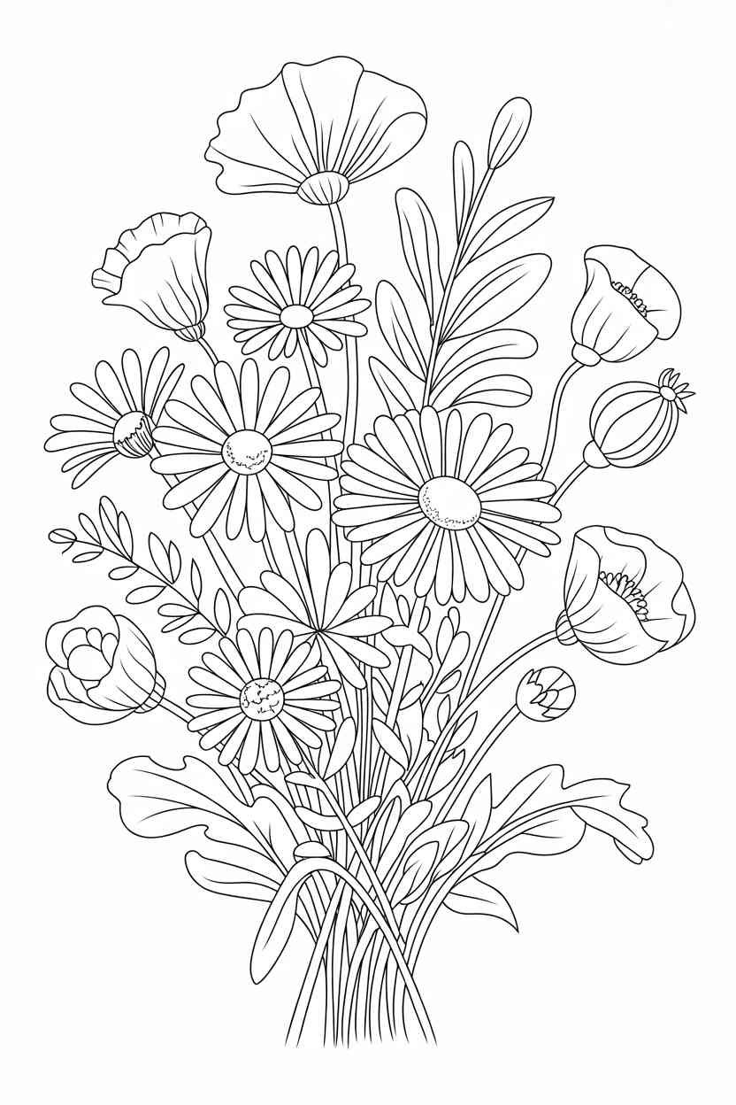 Wildflowers bouquet - Wildflowers Bouquet Coloring Page Free Printable