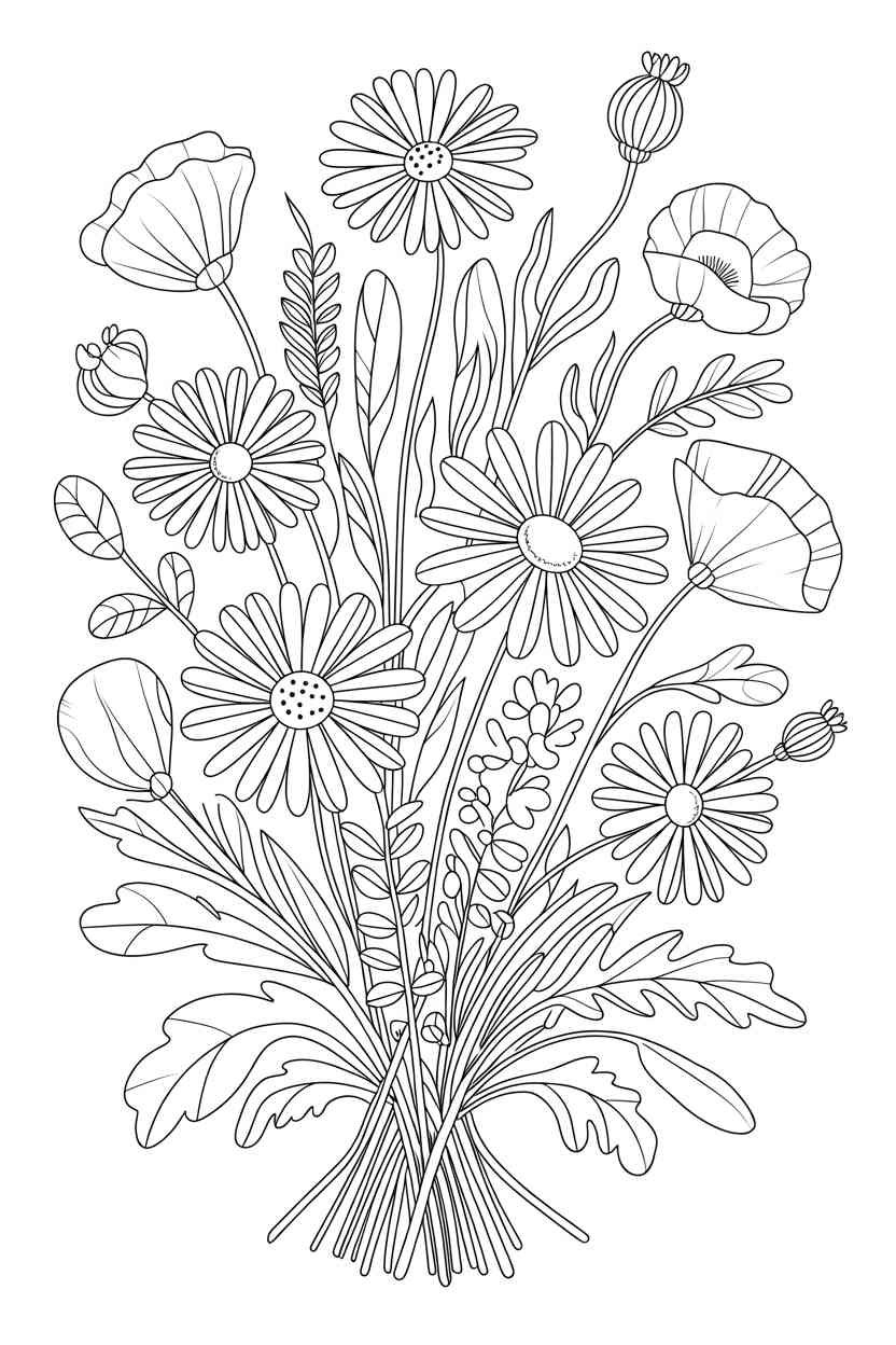 Wildflowers bouquet - Wildflowers Bouquet Coloring Page Free Printable (2)