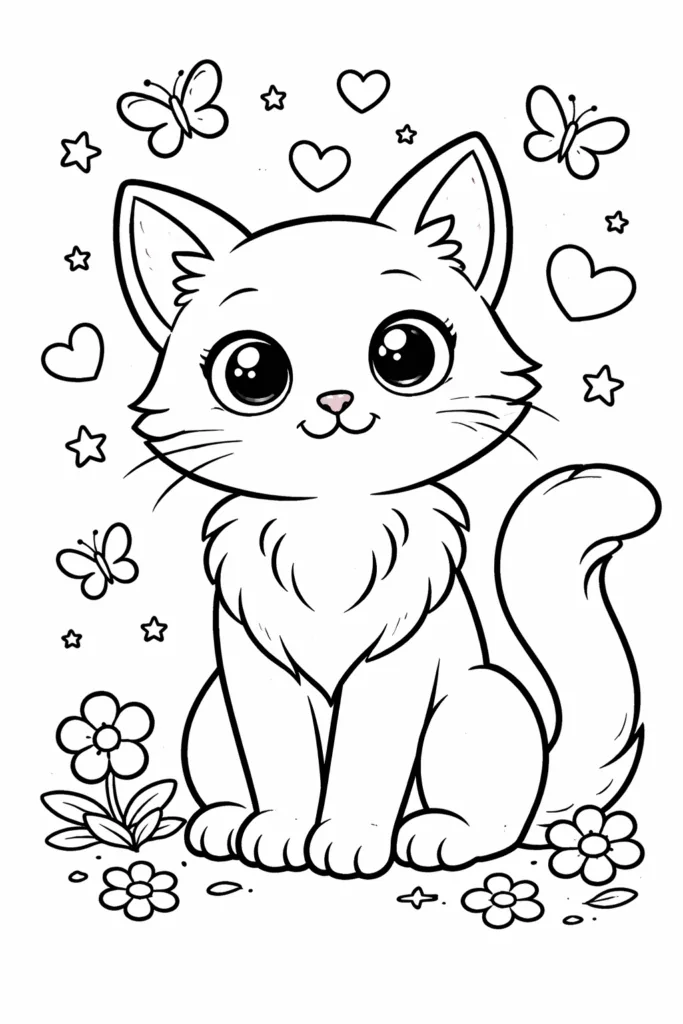 Cute Cat coloring pages free printable for Kids - Adorable - Design 5