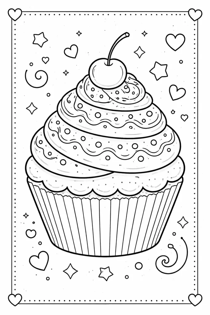 Cupcakes Coloring Pages Free Printable for Kids - Cute - Design 5