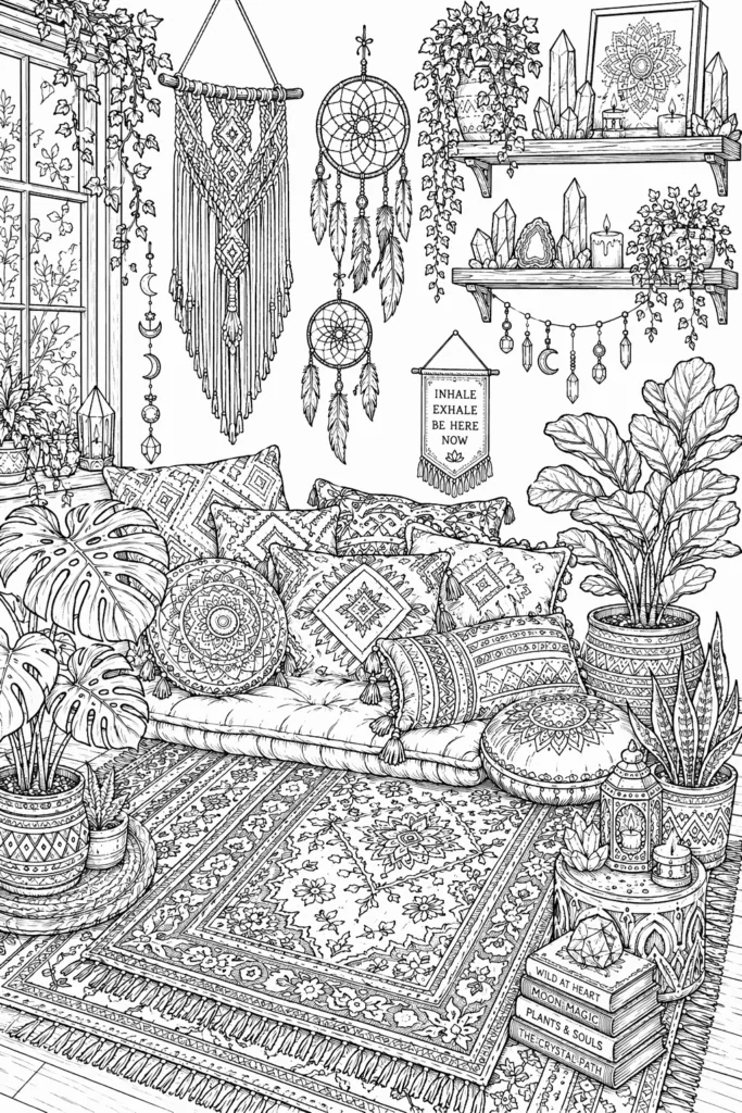 Boho style room coloring pages free printable - Cozy - Design 5