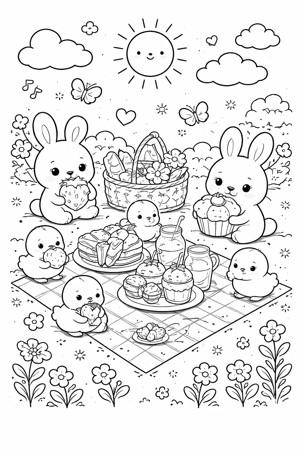 Cute Kawaii Animals Picnic Coloring Pages Free Printable - Design 1