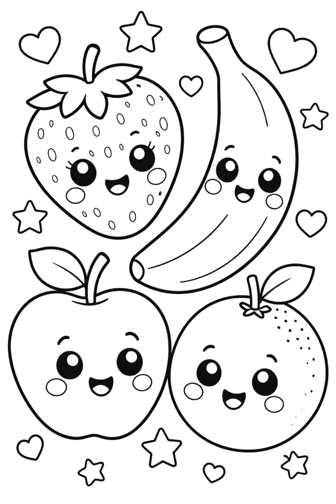 Cute Fruits Coloring Pages Free Printable for Kids - Design 1