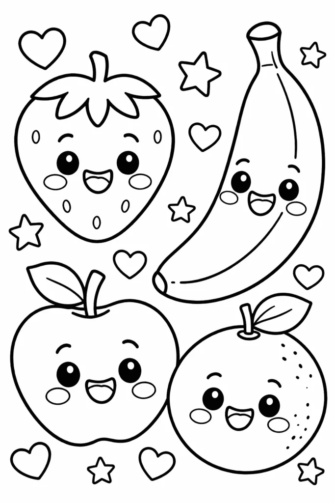 Cute Fruits Coloring Pages Free Printable for Kids - Design 2