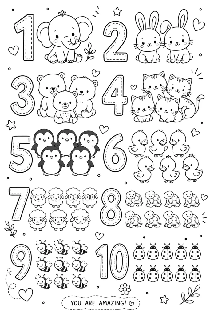 Counting Coloring Pages Free Printable - Learning Activity - Design 1