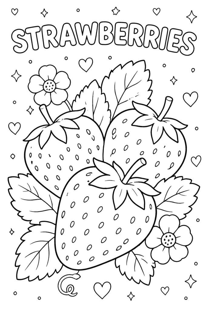 Strawberries Coloring Pages Free Printable for Kids - Cute - Design 1