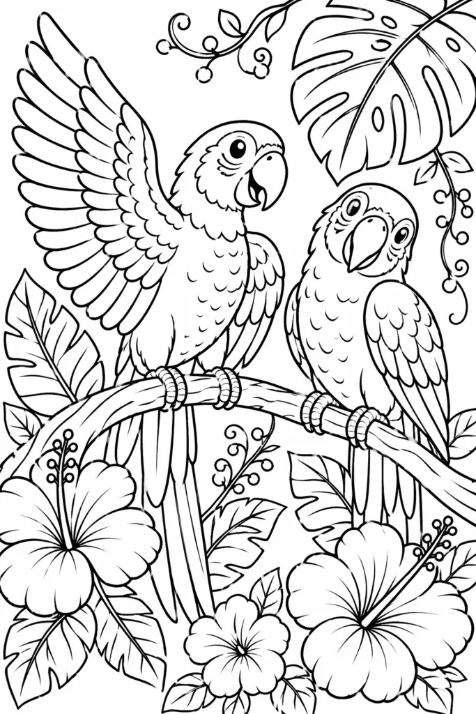 Parrots Coloring Pages Free Printable - Cute Tropical Pack - Design 5