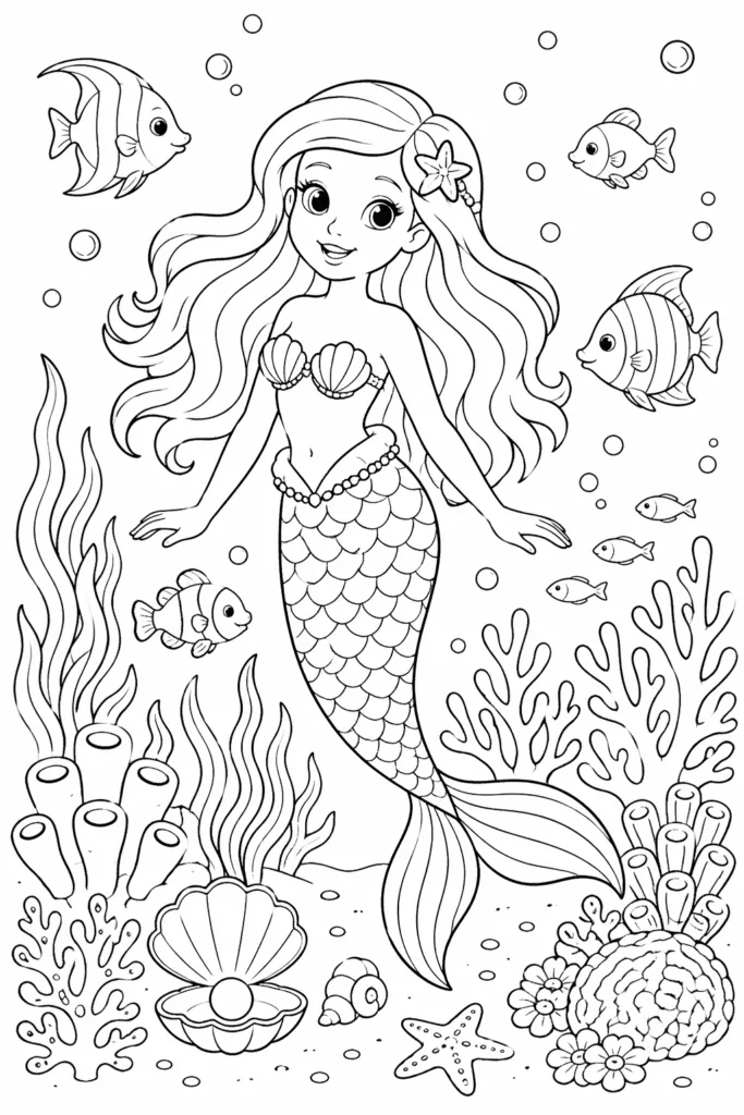 Mermaid Coloring Pages Free Printable - Magical - Design 1