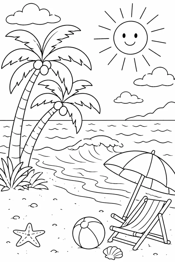 Summar Beach Scene Coloring Pages Free Printable - Design 1
