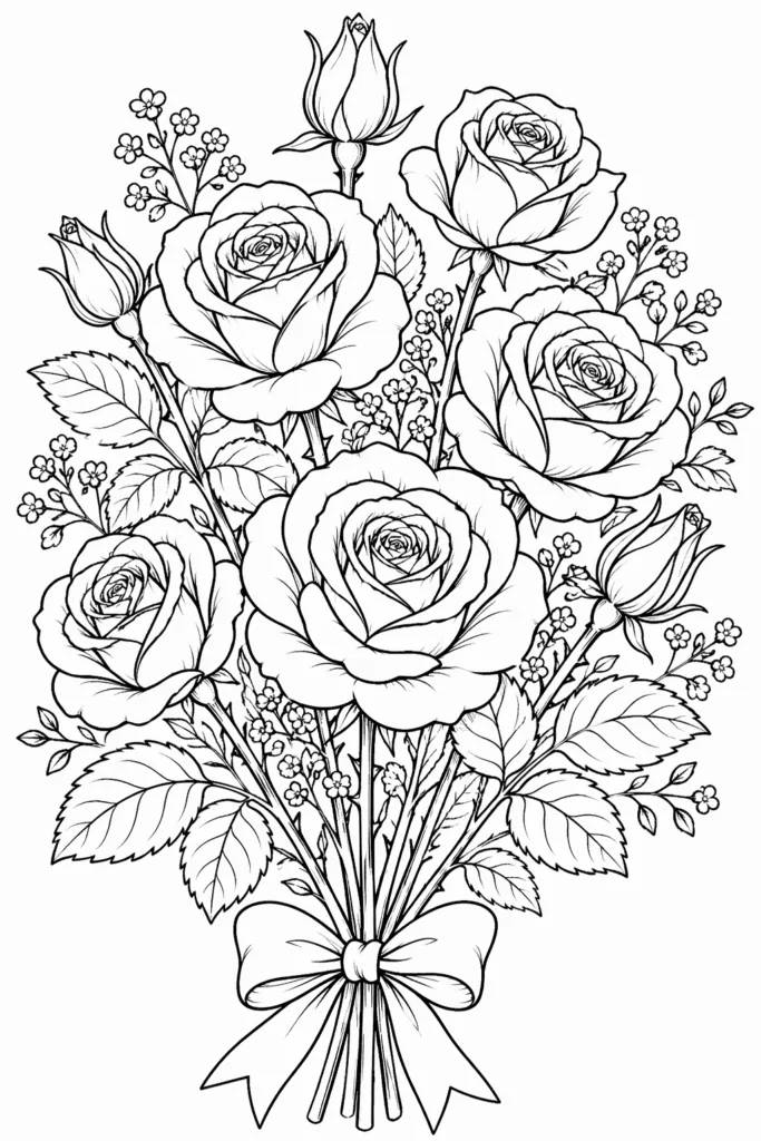 Rose Bouquet Coloring Pages Free Printable - Design 5