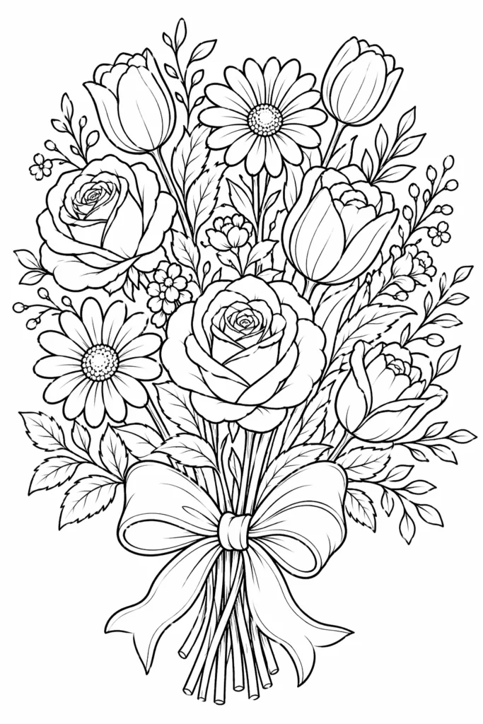 Flowers Bouquet Coloring Pages Free Printable - Design 5