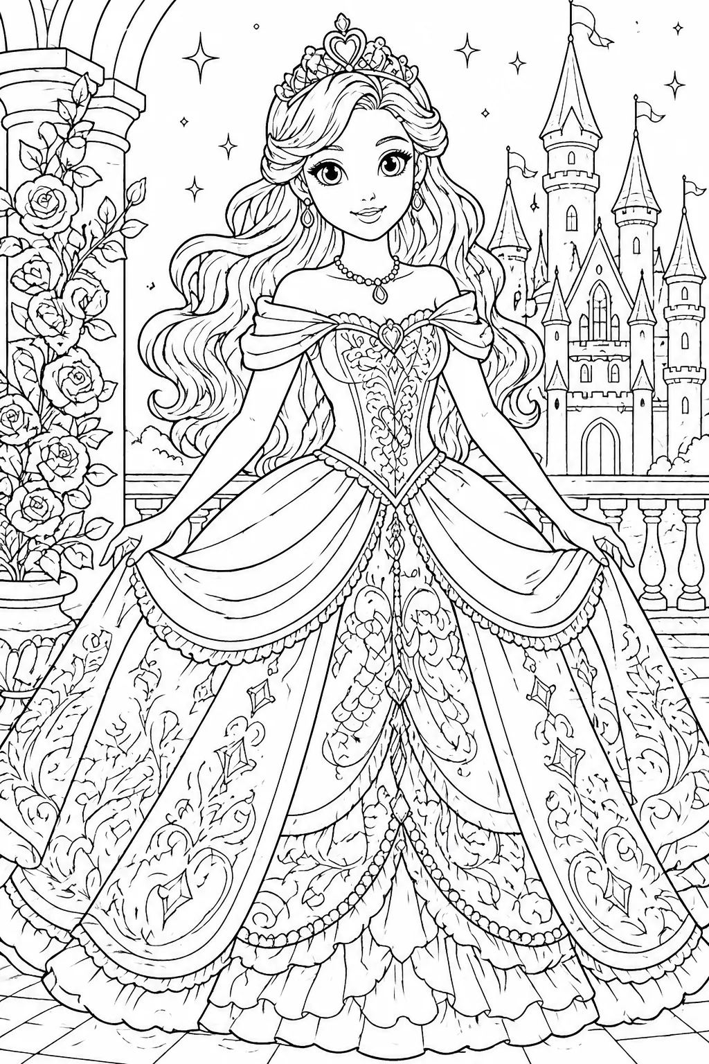 Princess Coloring Pages Free Printable for Kids & Adults - Design 1