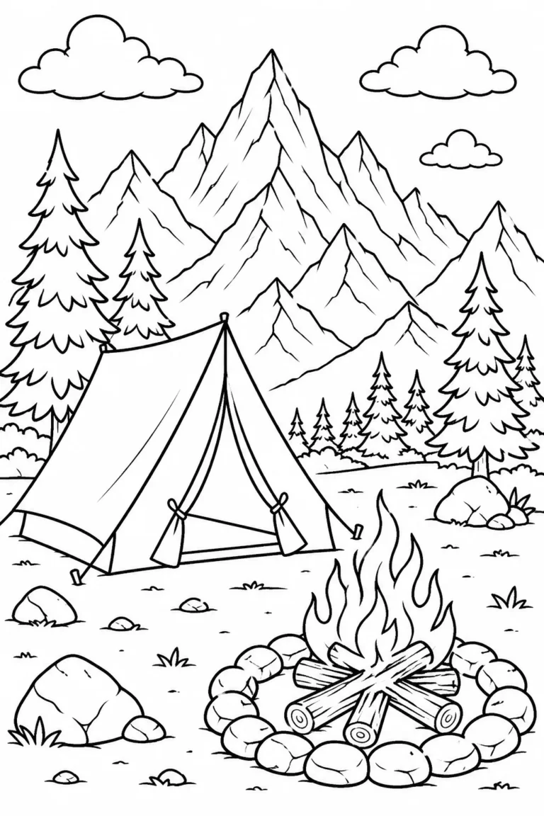 Camping scene coloring pages free printable